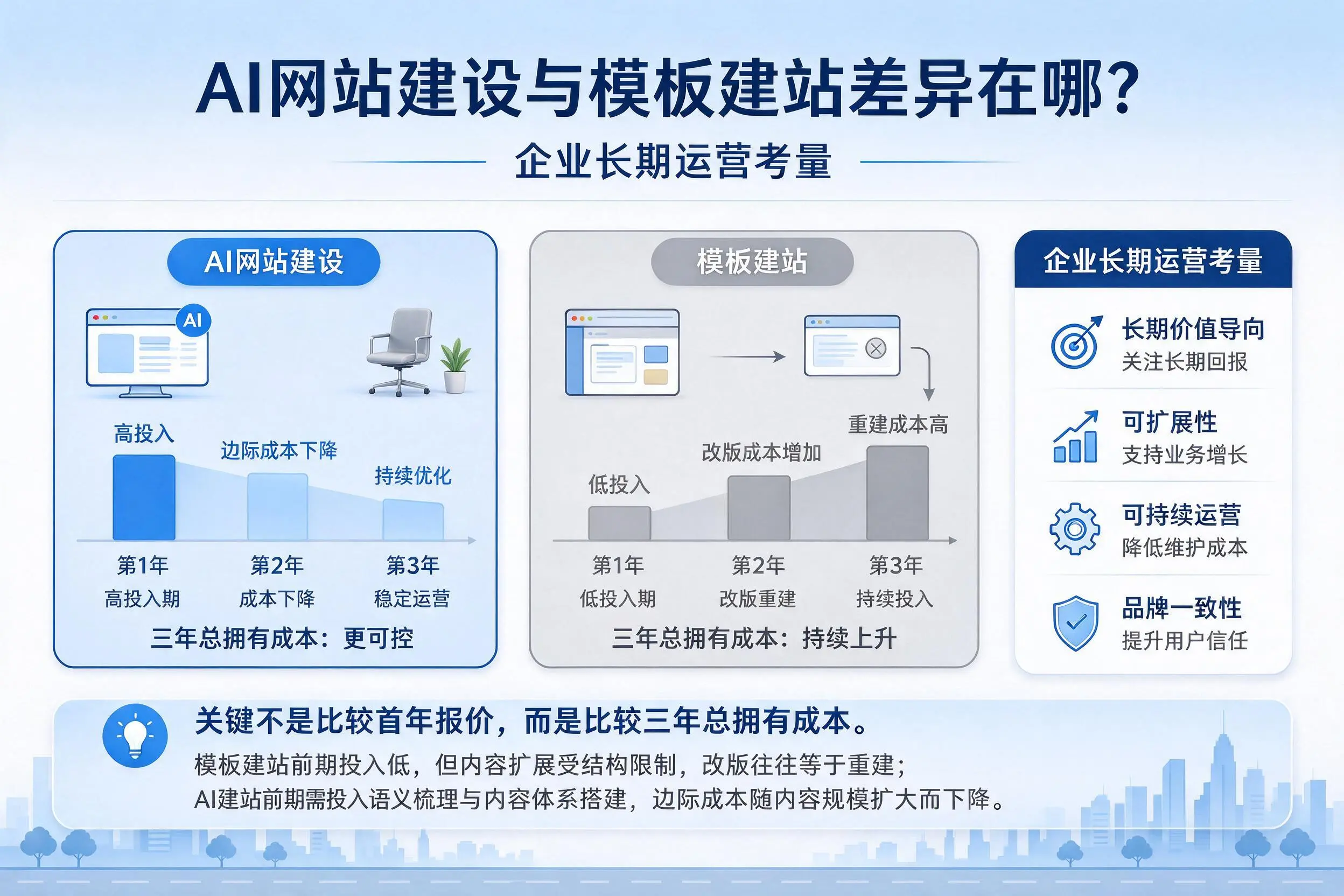 AI网站建设与模板建站差异在哪?汉中企业长期运营考量
